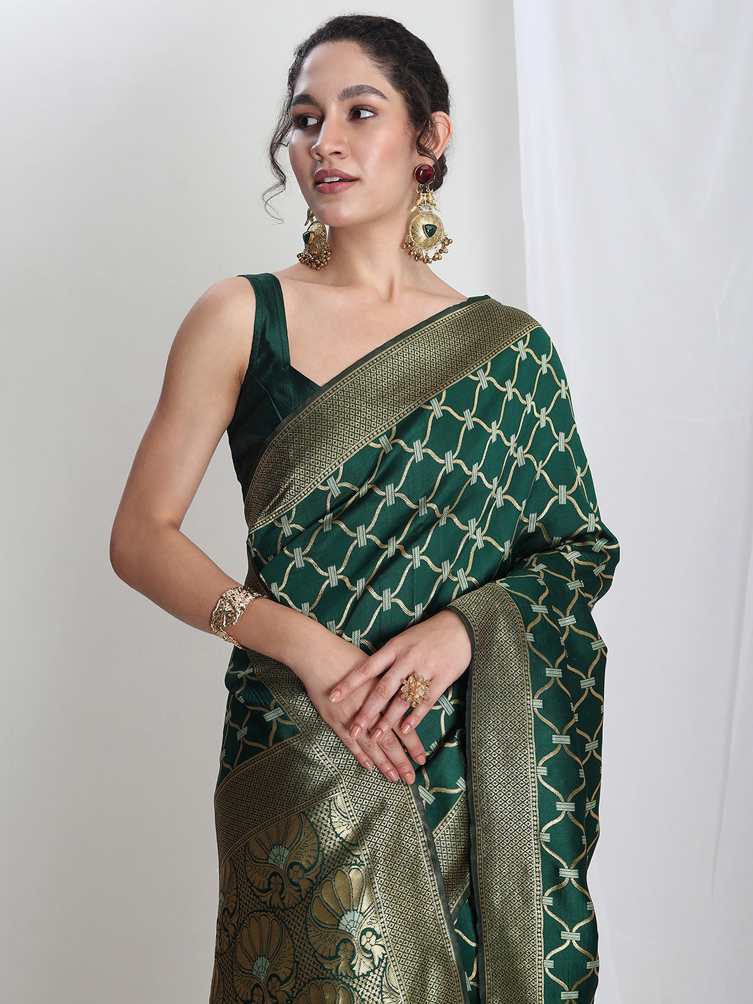 Janasya Green Silk Blend Ethnic Printed Jacquard Grab2Buy 