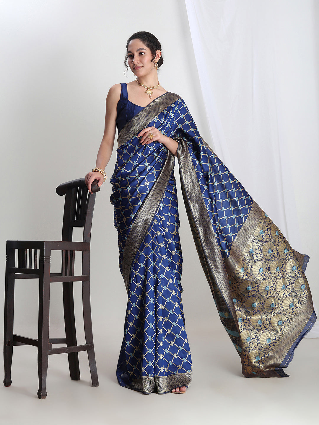 Janasya Blue Silk Blend Ethnic Printed Jacquard Grab2Buy 