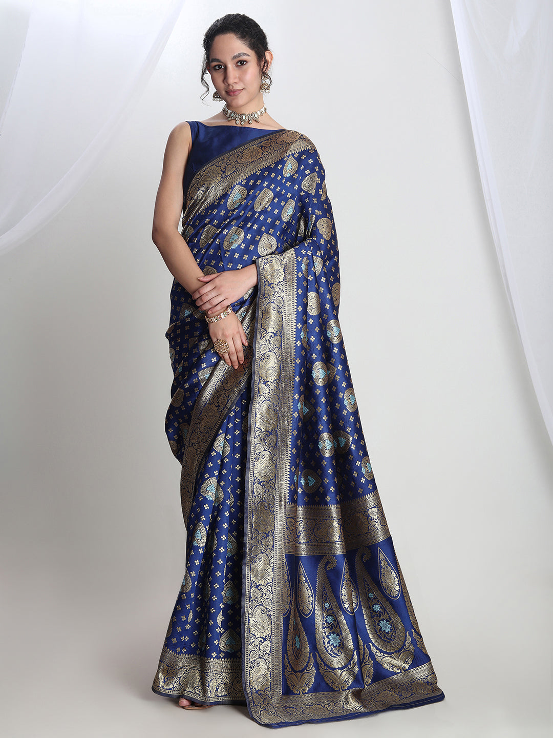 Janasya Blue Silk Blend Ethnic Motifs Jacquard Grab2Buy 