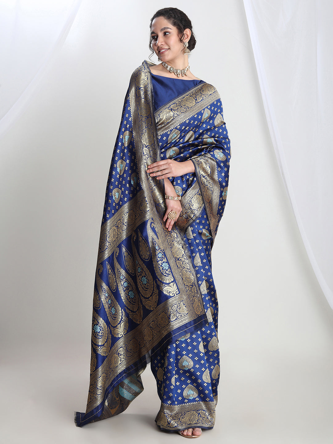 Janasya Blue Silk Blend Ethnic Motifs Jacquard Grab2Buy 