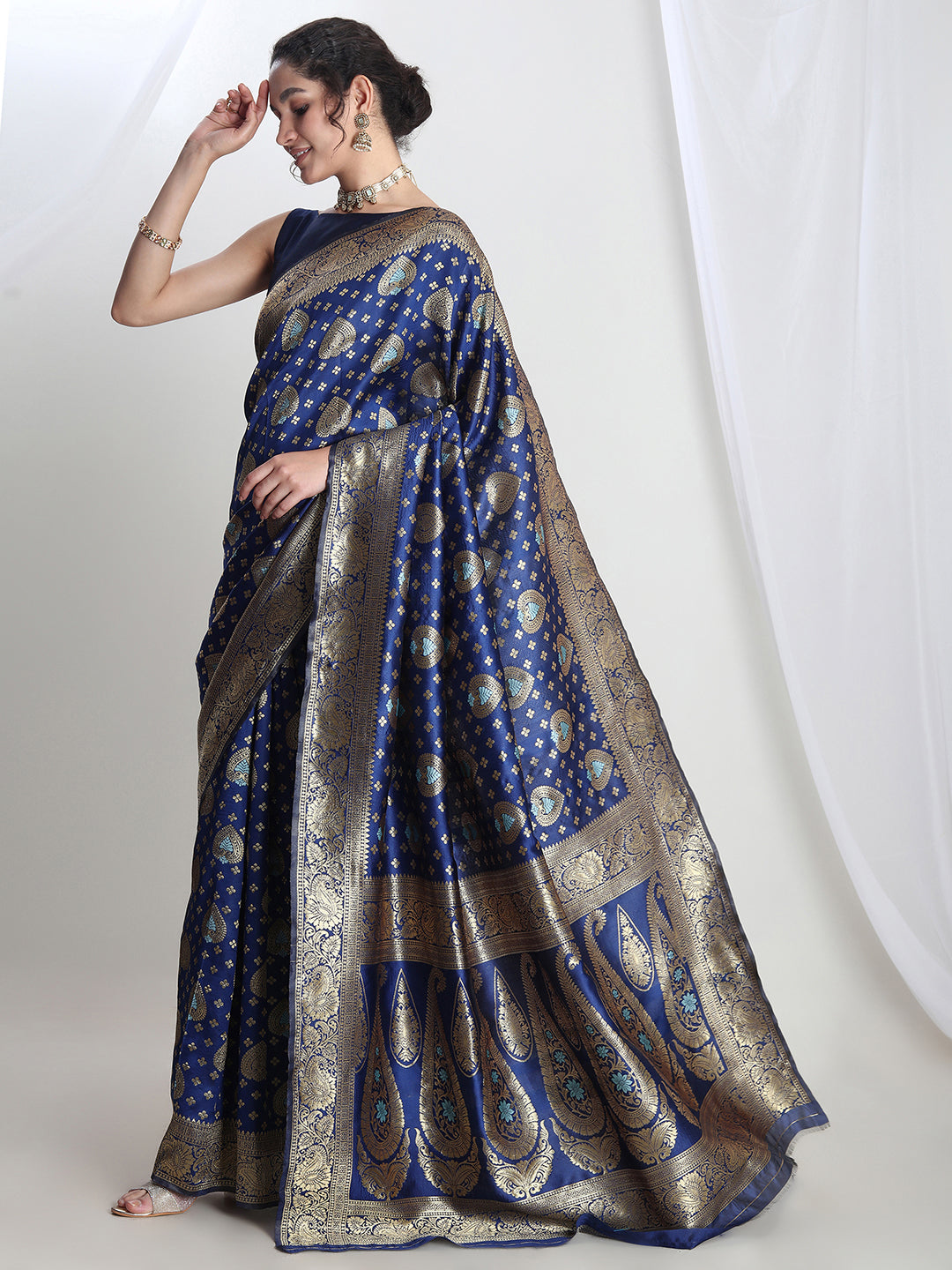 Janasya Blue Silk Blend Ethnic Motifs Jacquard Grab2Buy 