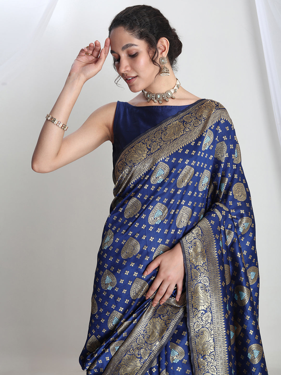 Janasya Blue Silk Blend Ethnic Motifs Jacquard Grab2Buy 