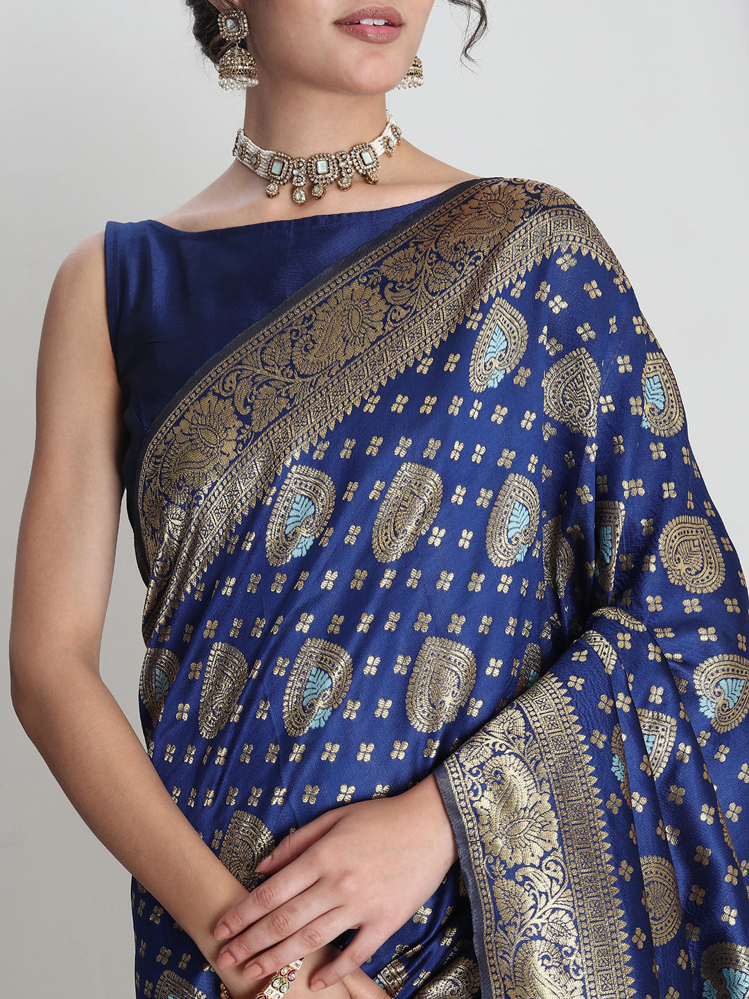 Janasya Blue Silk Blend Ethnic Motifs Jacquard Grab2Buy 