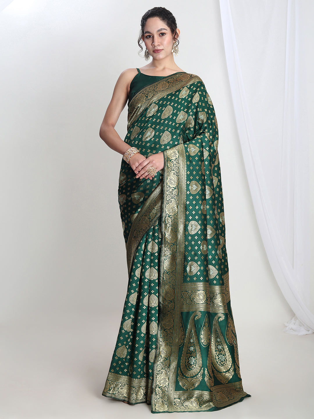 Janasya Green Silk Blend Ethnic Motifs Jacquard Grab2Buy 
