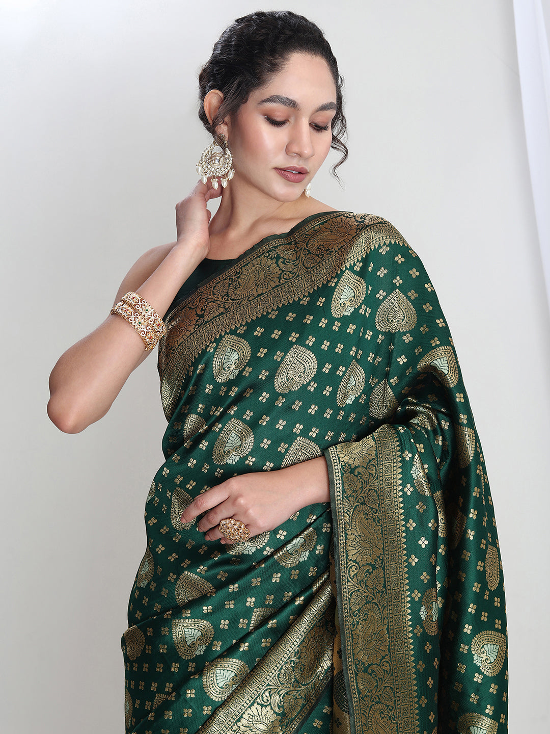 Janasya Green Silk Blend Ethnic Motifs Jacquard Grab2Buy 
