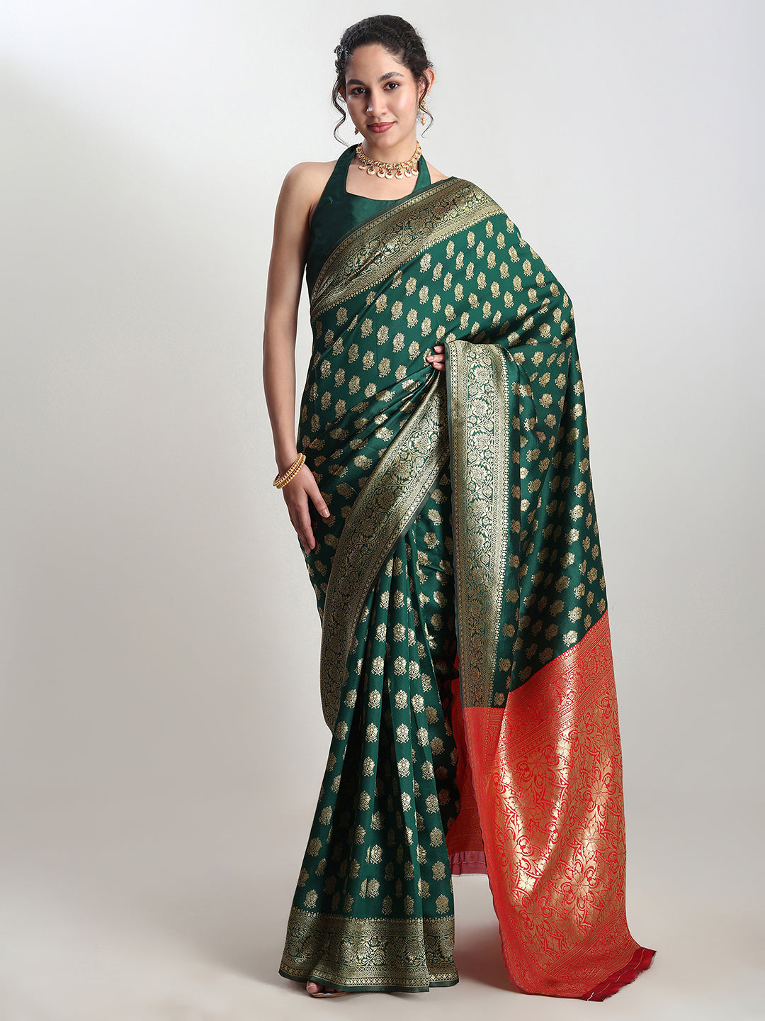 Janasya Dark Green Silk Blend Ethnic Motifs Jacquard Grab2Buy 