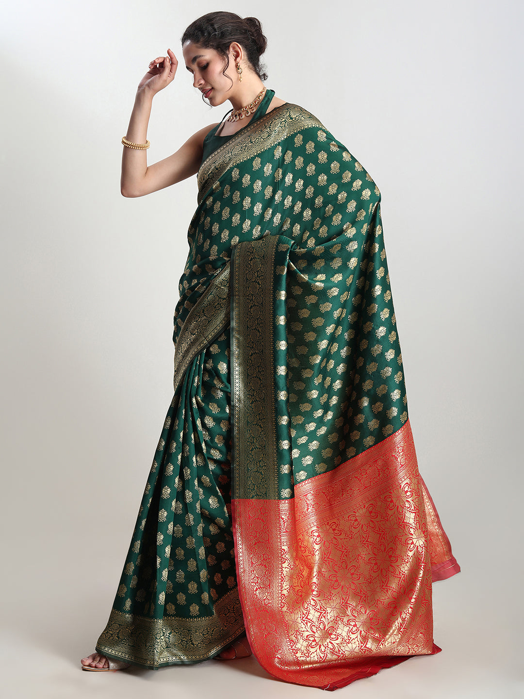 Janasya Dark Green Silk Blend Ethnic Motifs Jacquard Grab2Buy 