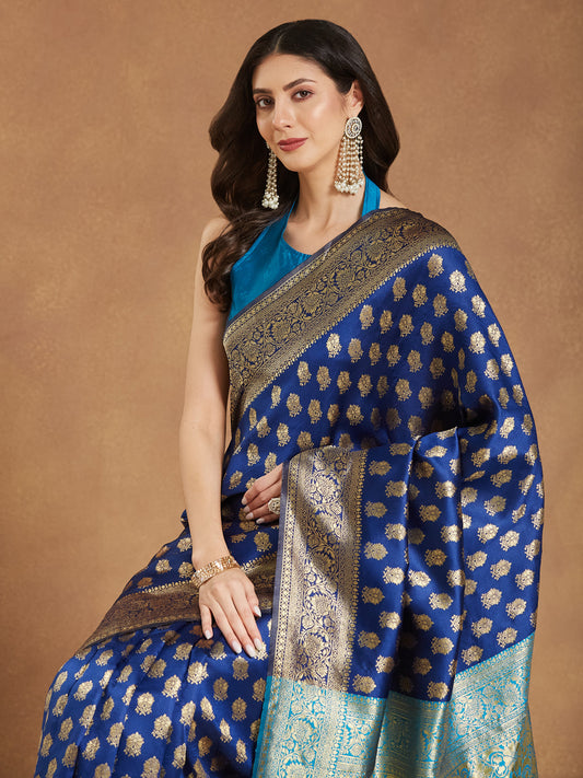 Janasya Blue Silk Blend Ethnic Motifs Banarasi Jacquard Grab2Buy 