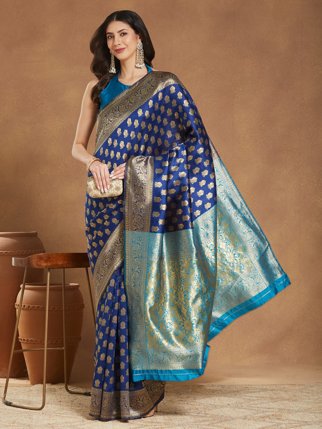 Janasya Blue Silk Blend Ethnic Motifs Banarasi Jacquard Grab2Buy 