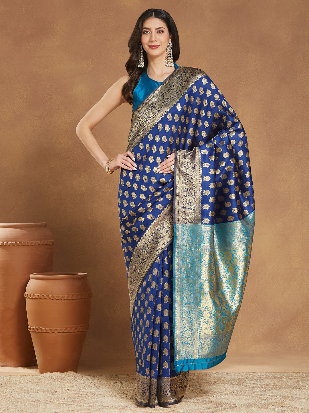 Janasya Blue Silk Blend Ethnic Motifs Banarasi Jacquard Grab2Buy 