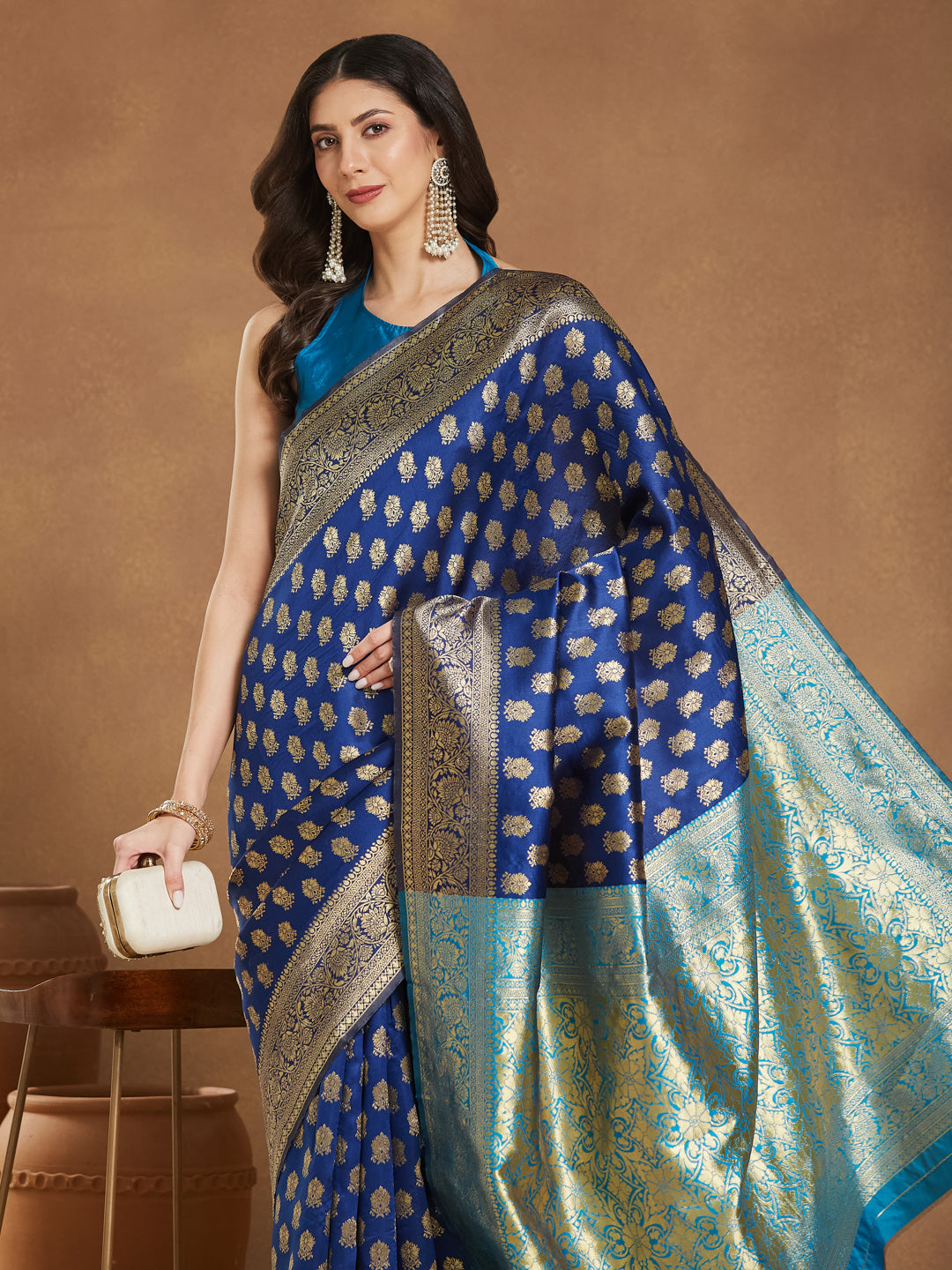 Janasya Blue Silk Blend Ethnic Motifs Banarasi Jacquard Grab2Buy 