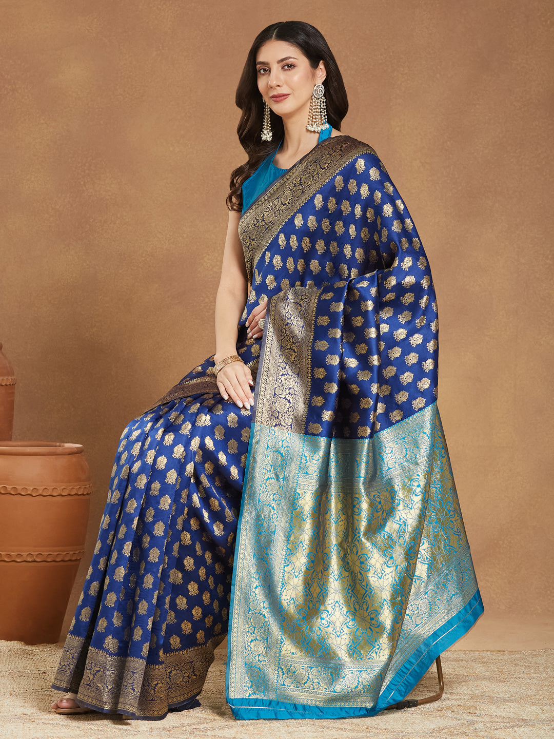 Janasya Blue Silk Blend Ethnic Motifs Banarasi Jacquard Grab2Buy 