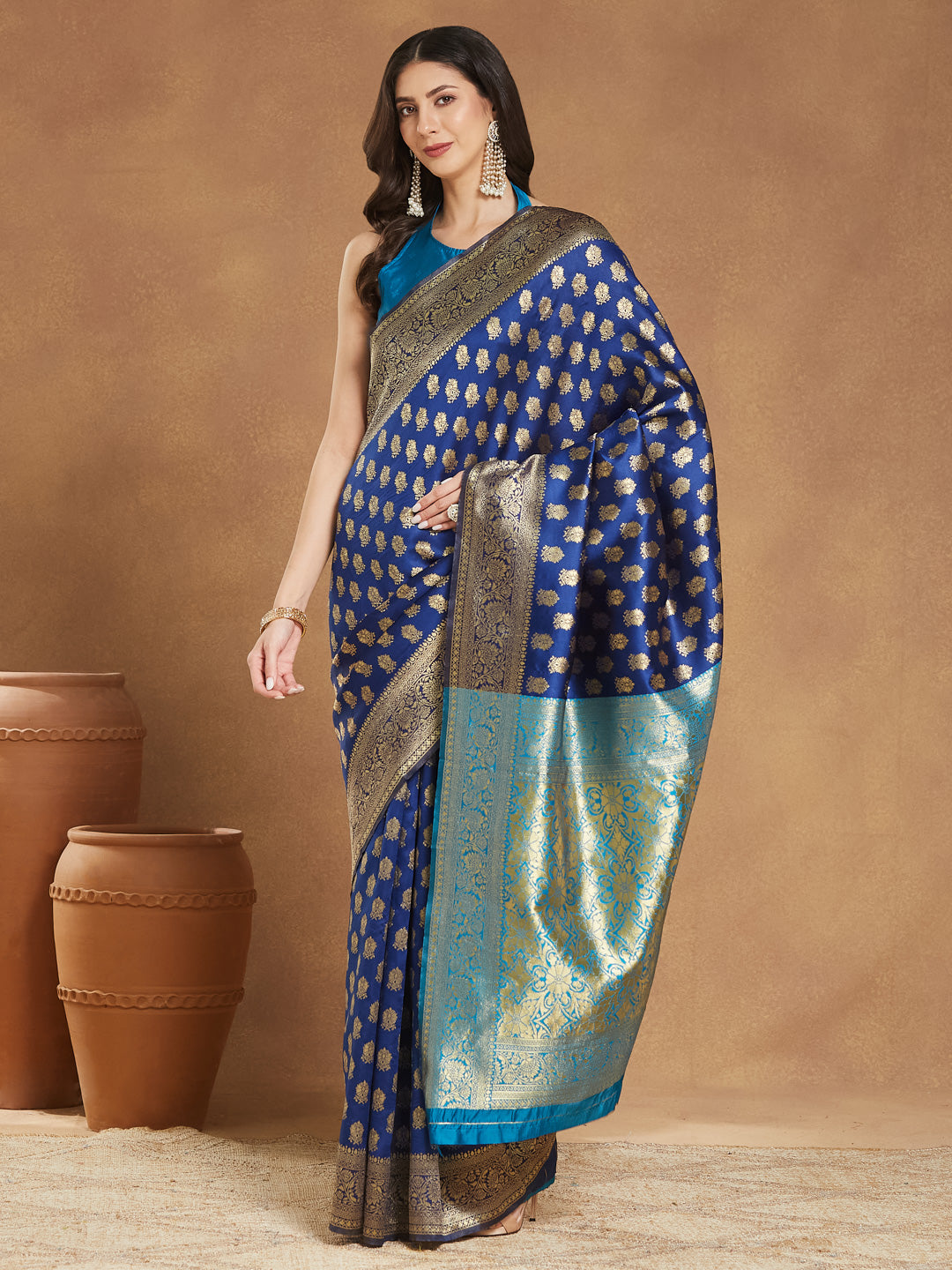 Janasya Blue Silk Blend Ethnic Motifs Banarasi Jacquard Grab2Buy 