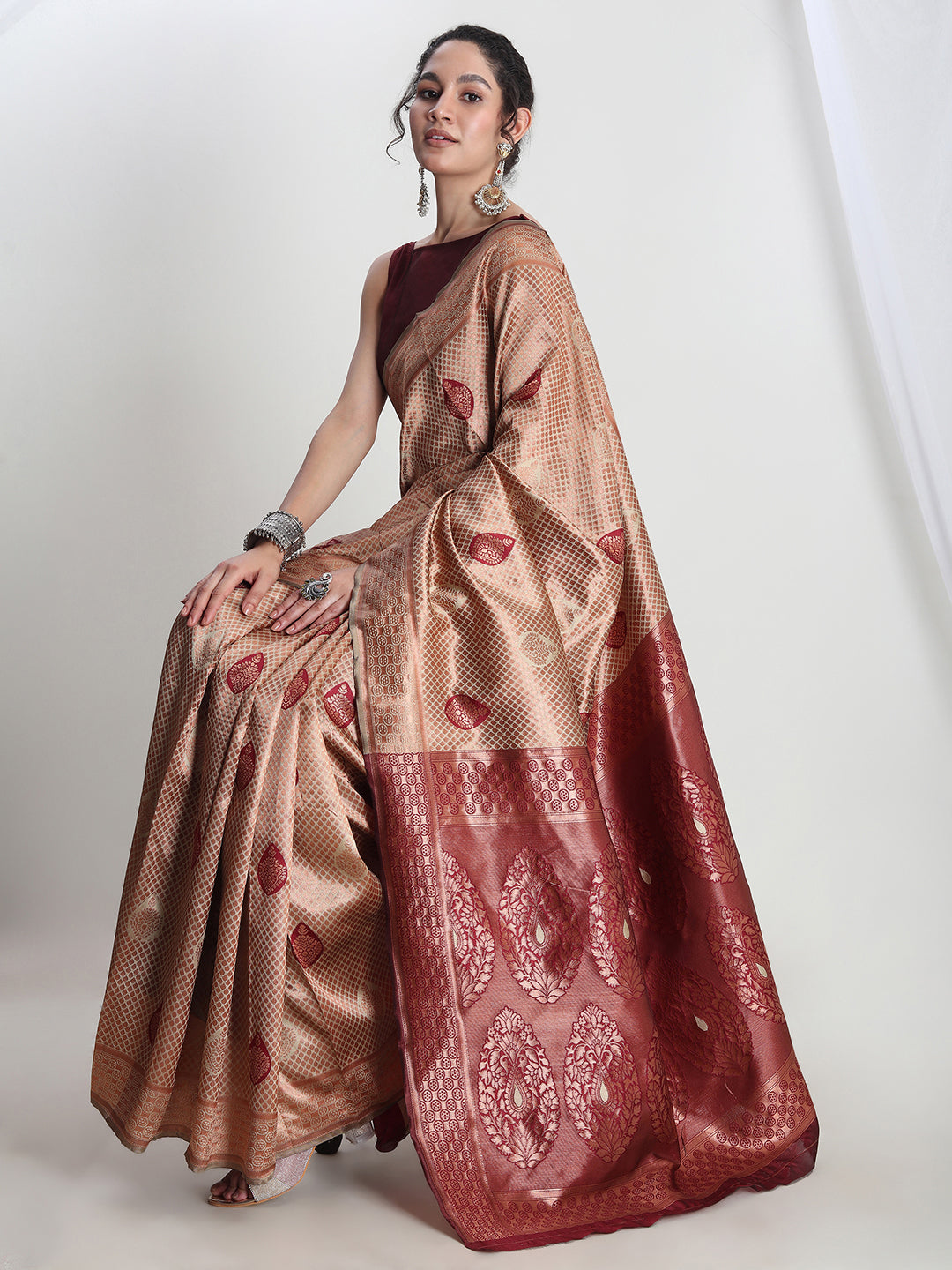Janasya Beige Silk Blend Ethnic Printed Jacquard Grab2Buy 