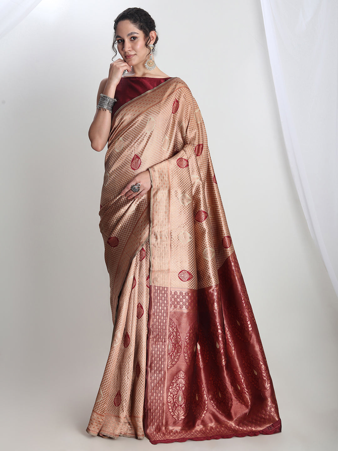 Janasya Beige Silk Blend Ethnic Printed Jacquard Grab2Buy 