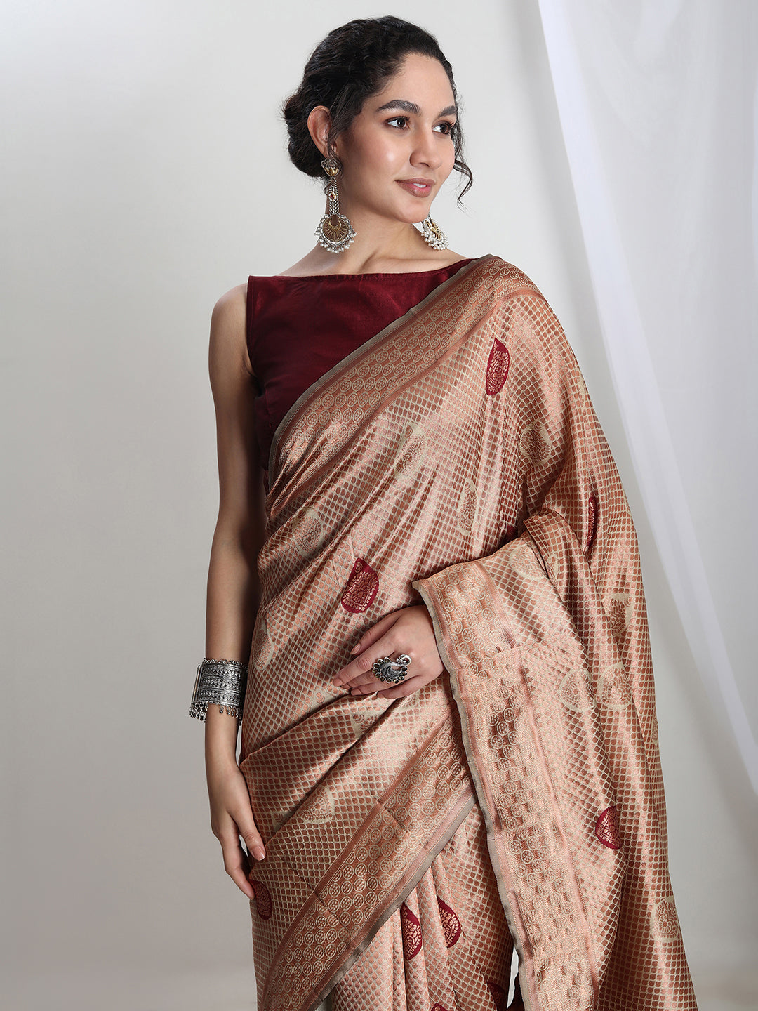 Janasya Beige Silk Blend Ethnic Printed Jacquard Grab2Buy 