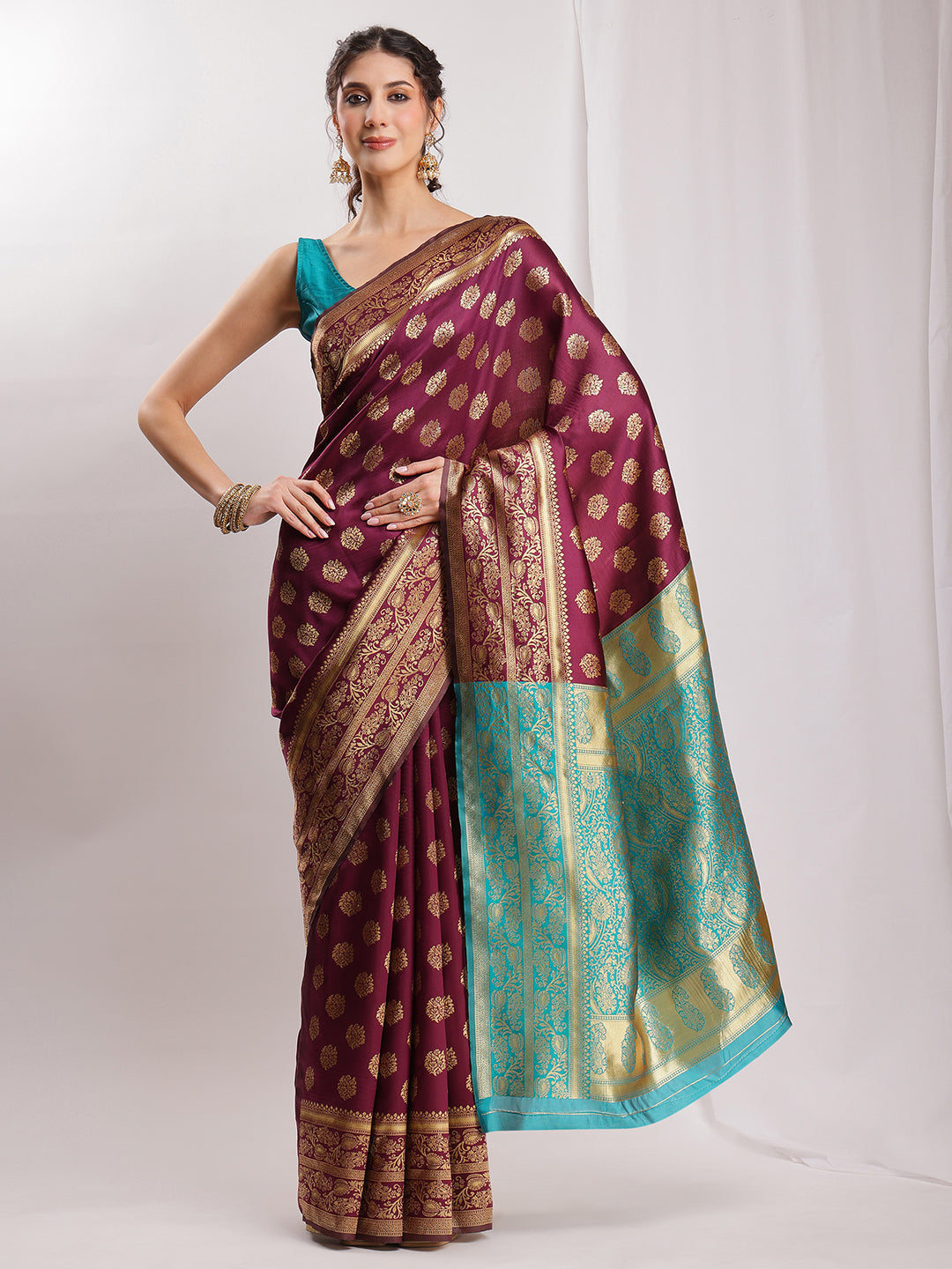 Janasya Purple Silk Blend Floral Jacquard Grab2Buy 