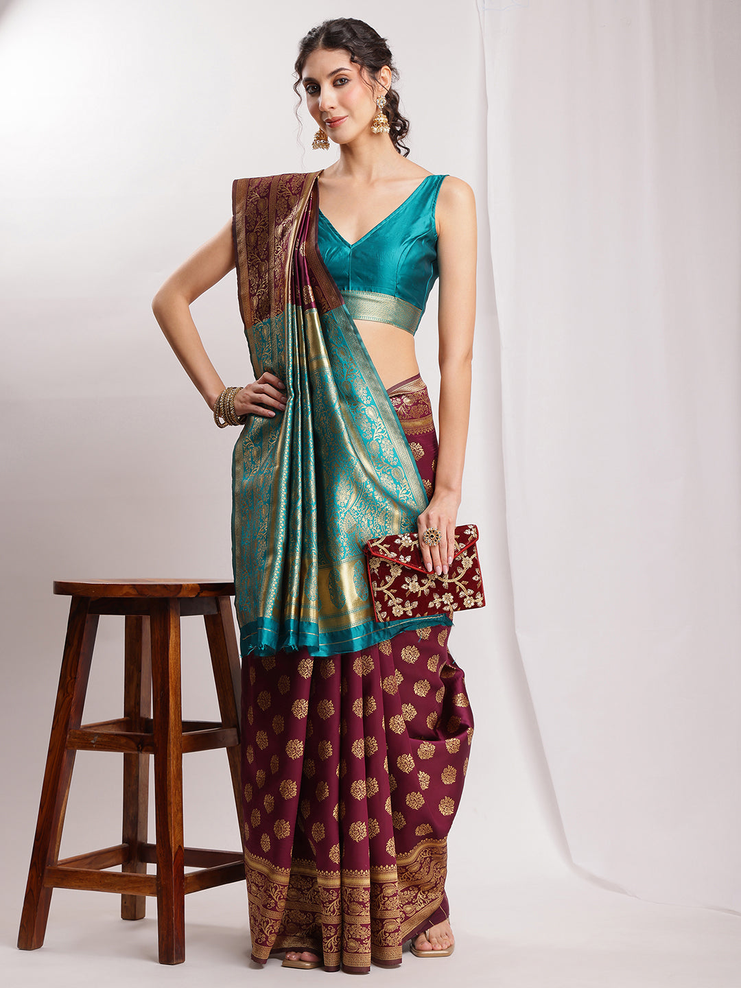 Janasya Purple Silk Blend Floral Jacquard Grab2Buy 