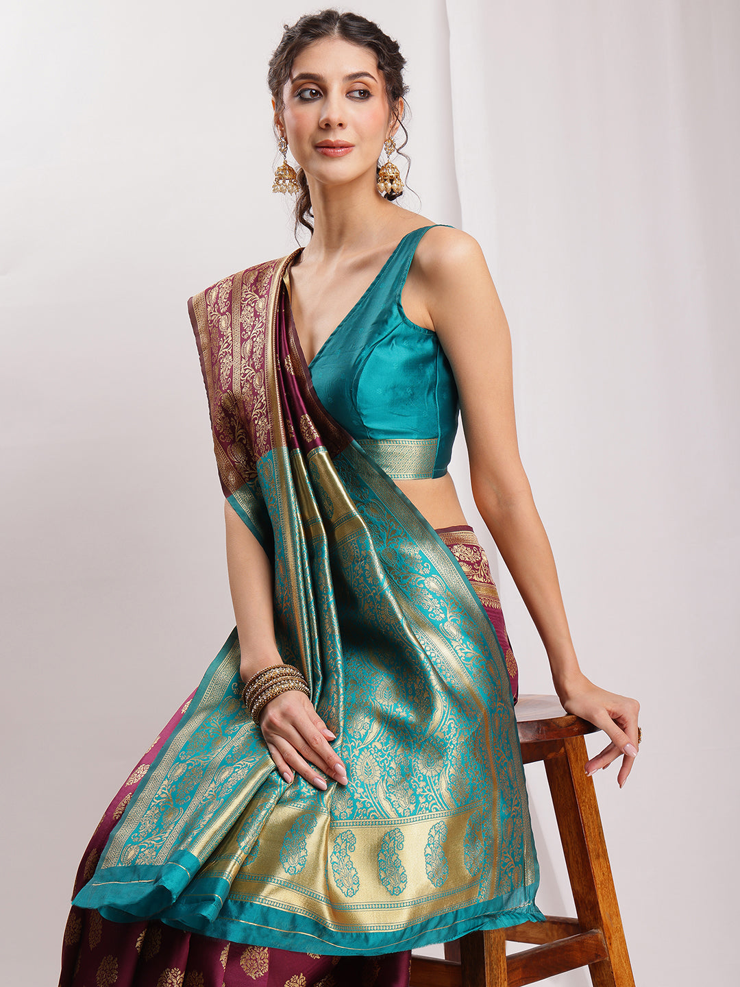 Janasya Purple Silk Blend Floral Jacquard Grab2Buy 
