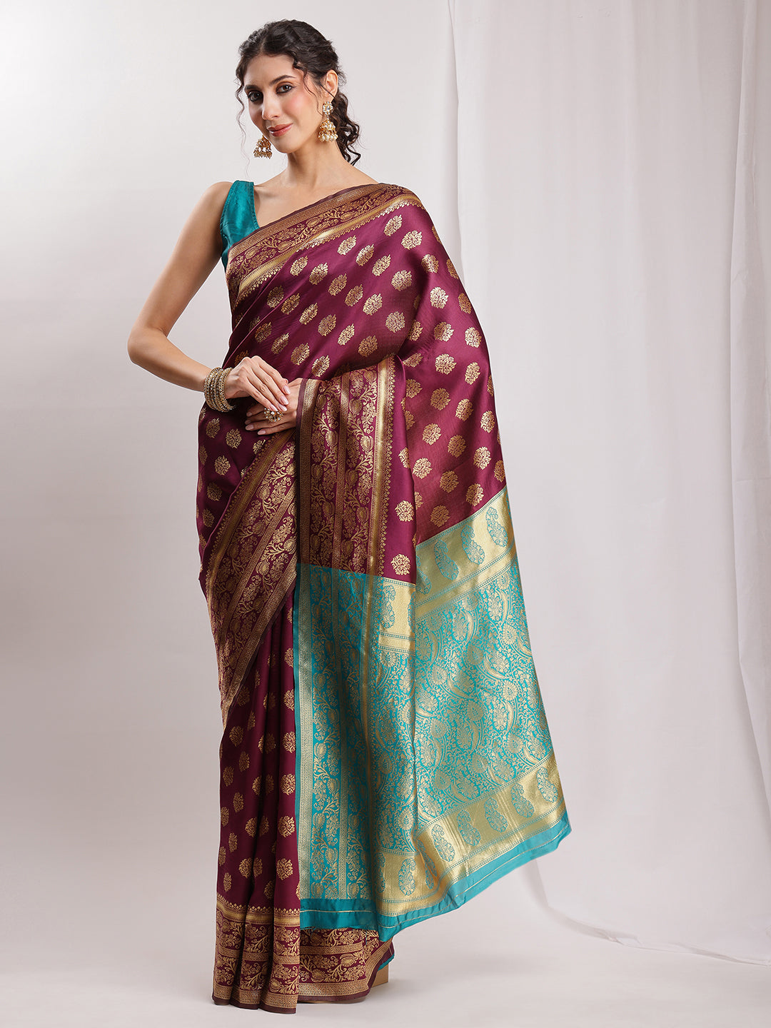 Janasya Purple Silk Blend Floral Jacquard Grab2Buy 