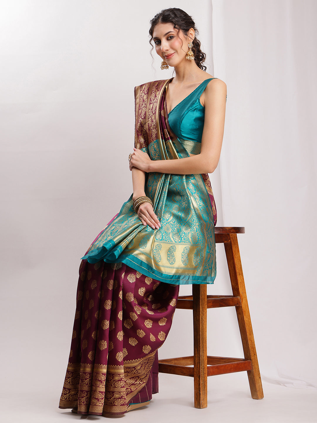 Janasya Purple Silk Blend Floral Jacquard Grab2Buy 
