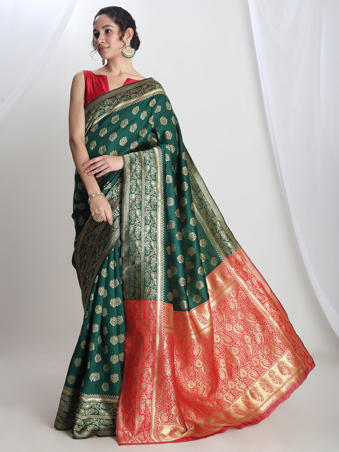 Janasya Green Silk Blend Floral Jacquard Grab2Buy 