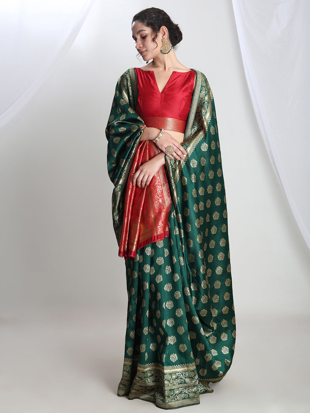 Janasya Green Silk Blend Floral Jacquard Grab2Buy 