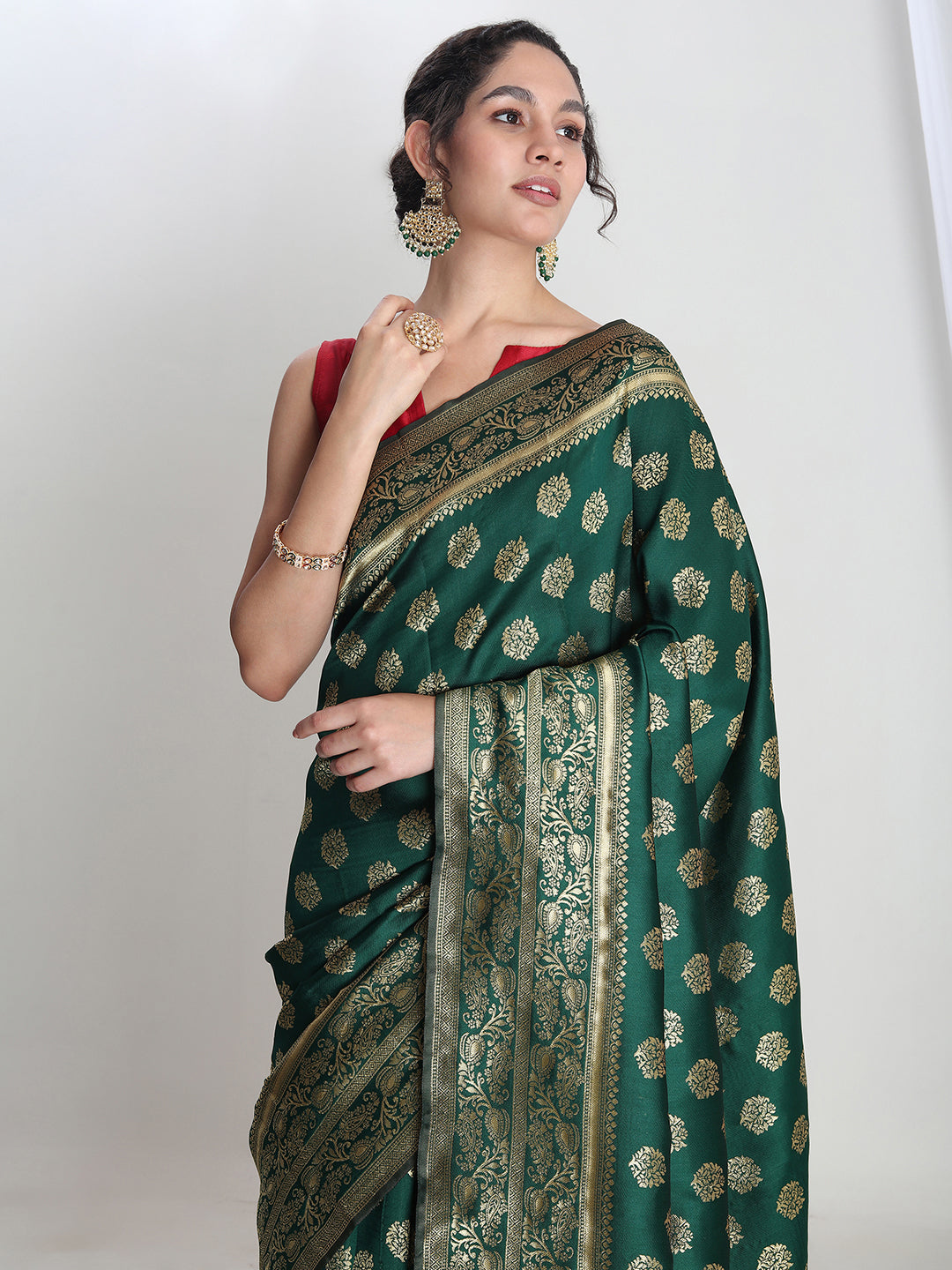 Janasya Green Silk Blend Floral Jacquard Grab2Buy 