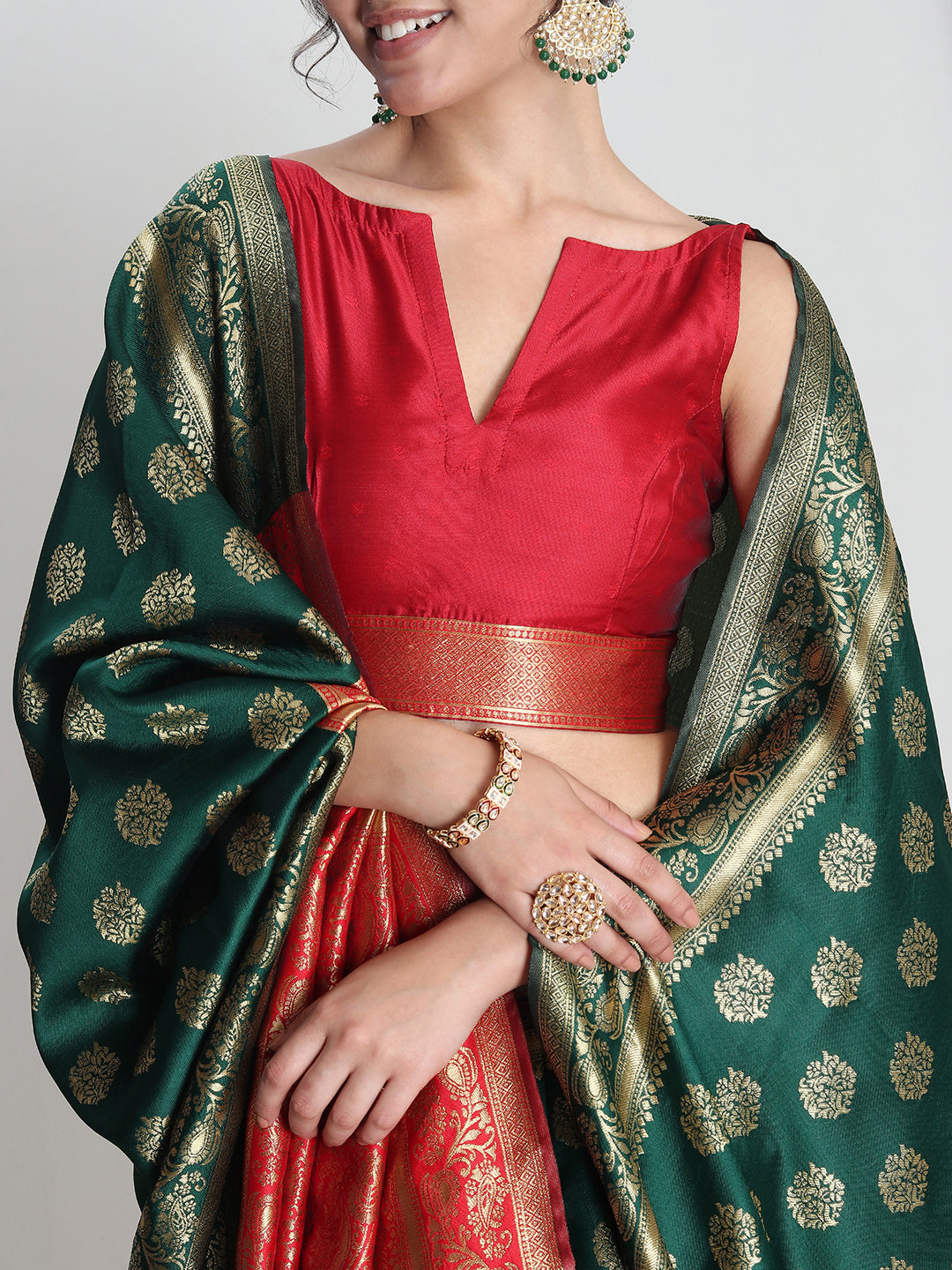 Janasya Green Silk Blend Floral Jacquard Grab2Buy 