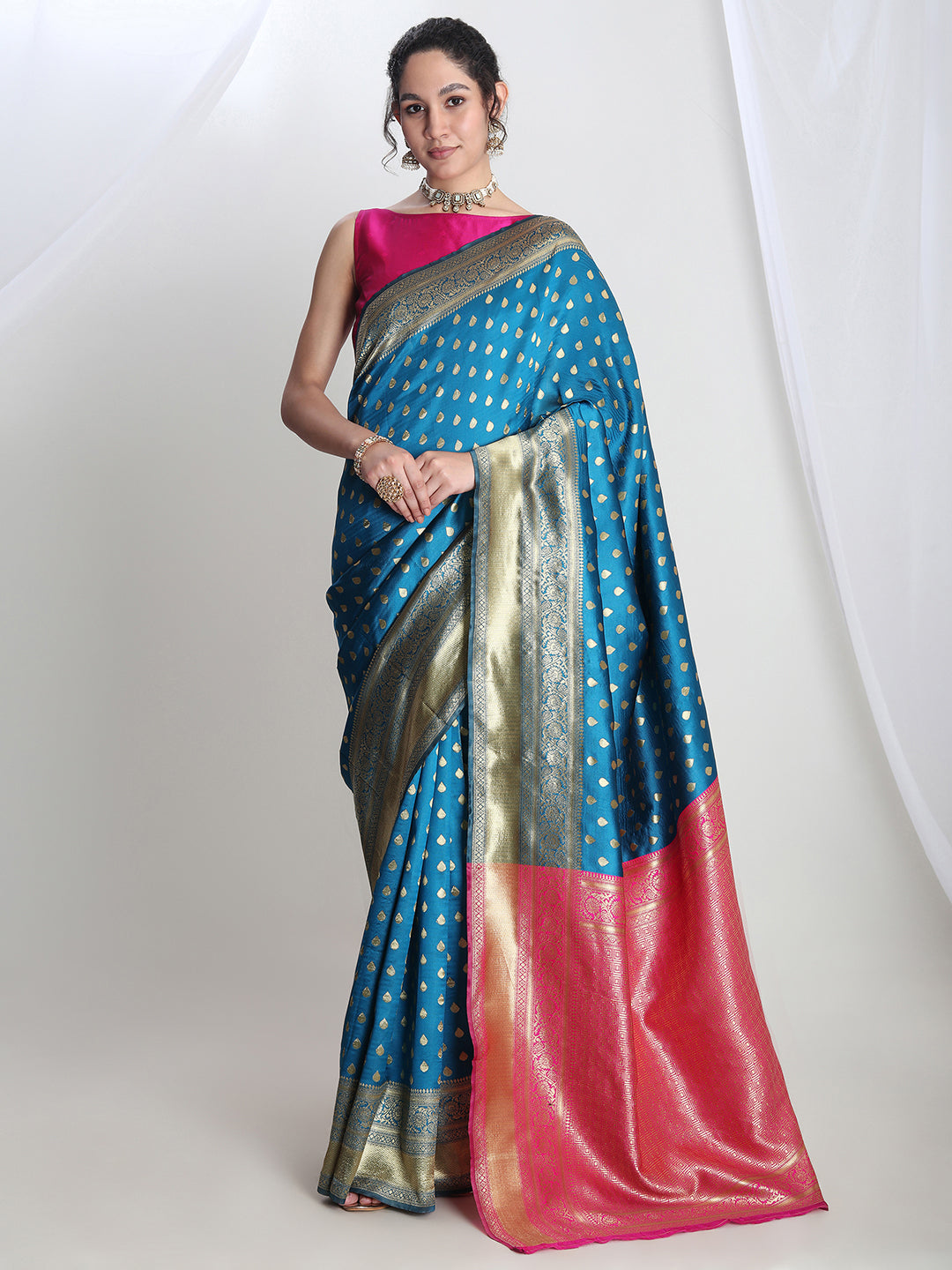 Janasya Teal Blue Silk Blend Ethnic Motifs Jacquard Grab2Buy 