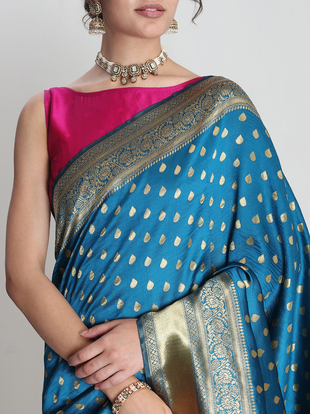 Janasya Teal Blue Silk Blend Ethnic Motifs Jacquard Grab2Buy 
