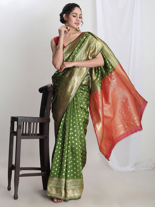 Janasya Green Silk Blend Ethnic Motifs Jacquard Grab2Buy 