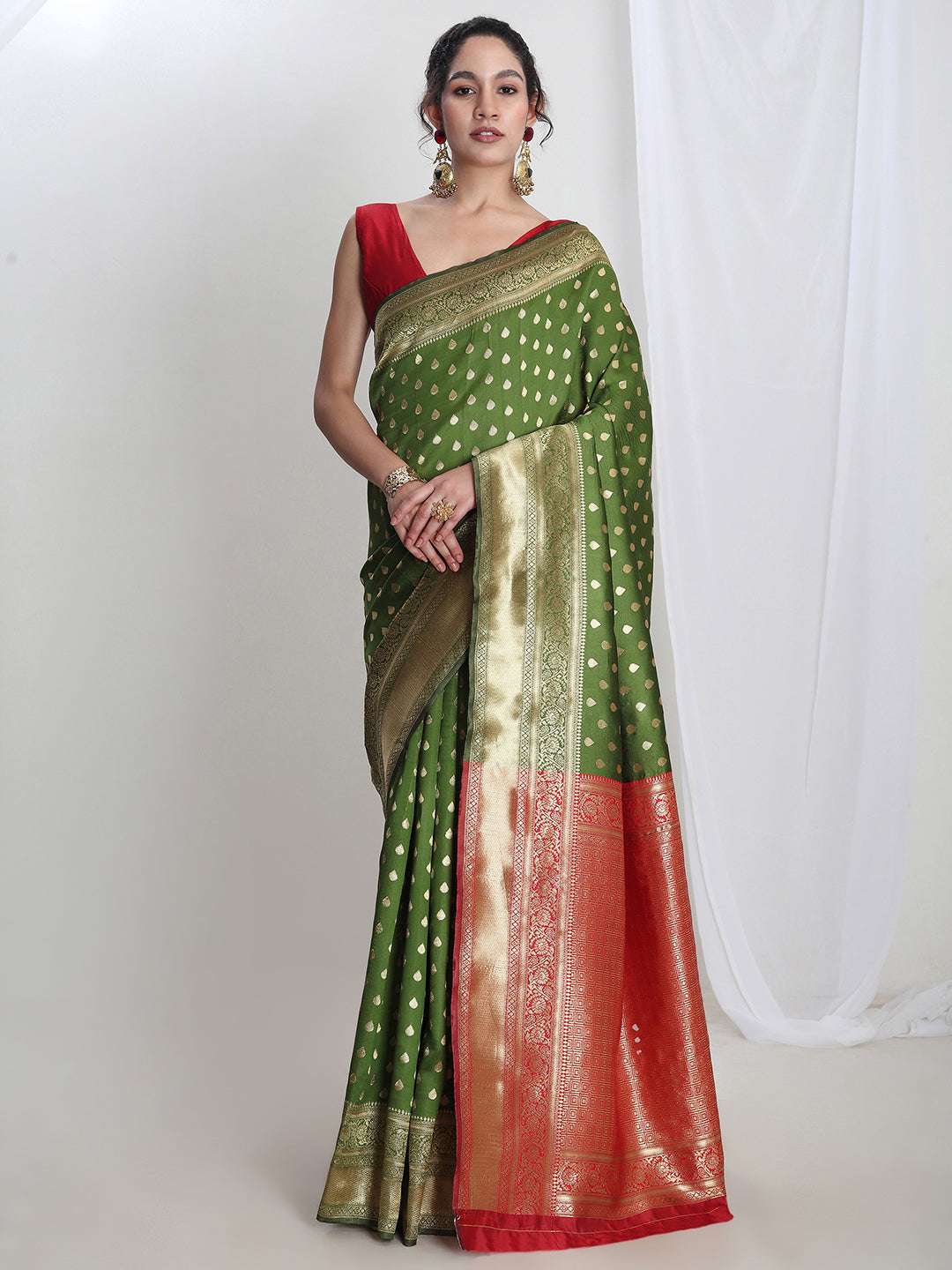 Janasya Green Silk Blend Ethnic Motifs Jacquard Grab2Buy 