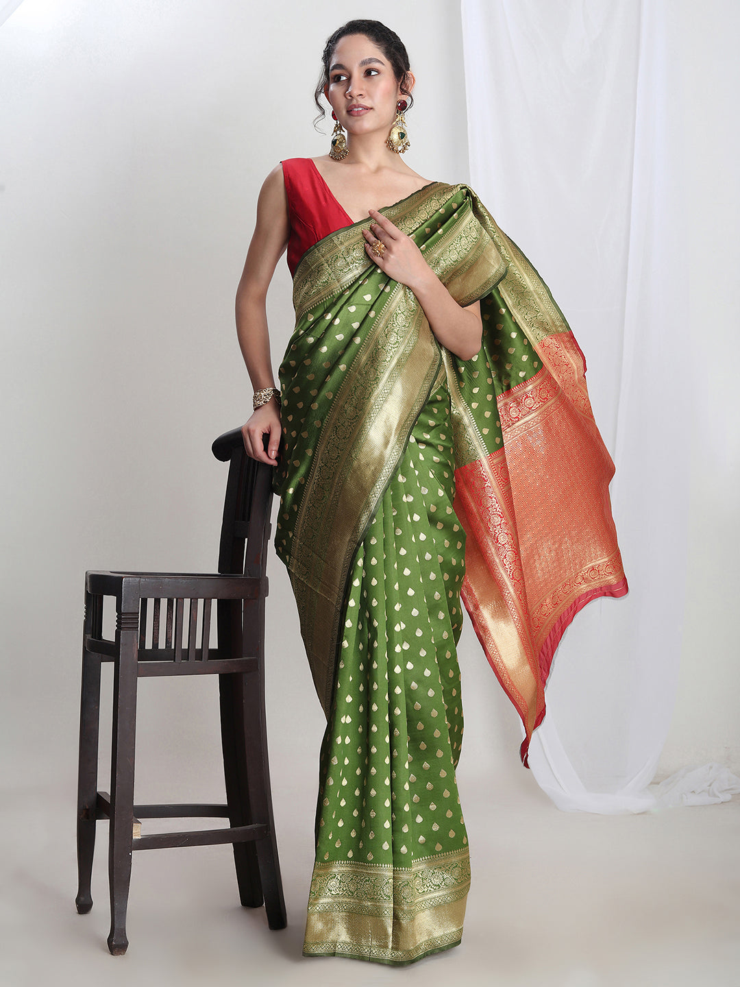 Janasya Green Silk Blend Ethnic Motifs Jacquard Grab2Buy 