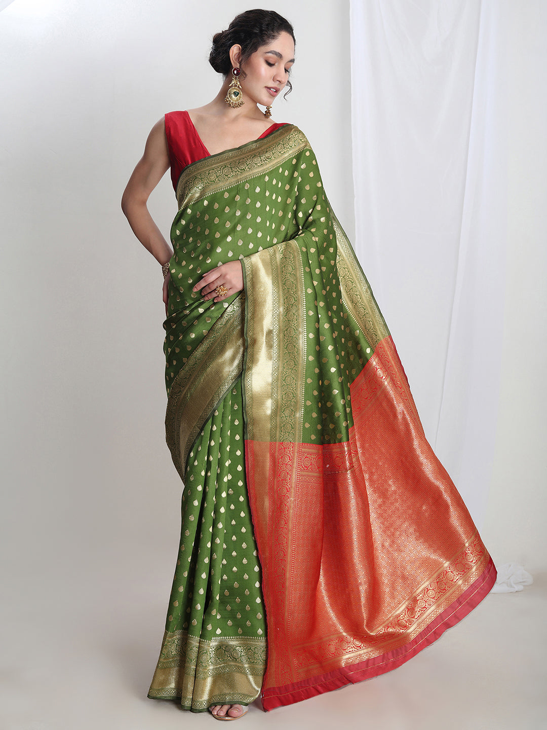 Janasya Green Silk Blend Ethnic Motifs Jacquard Grab2Buy 