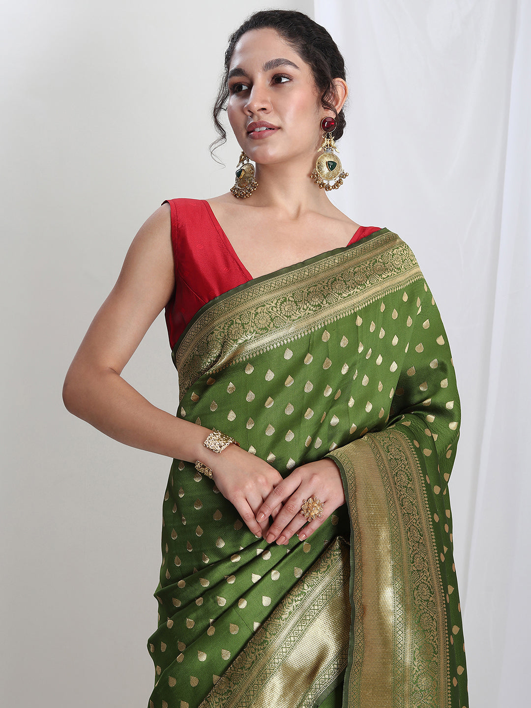 Janasya Green Silk Blend Ethnic Motifs Jacquard Grab2Buy 