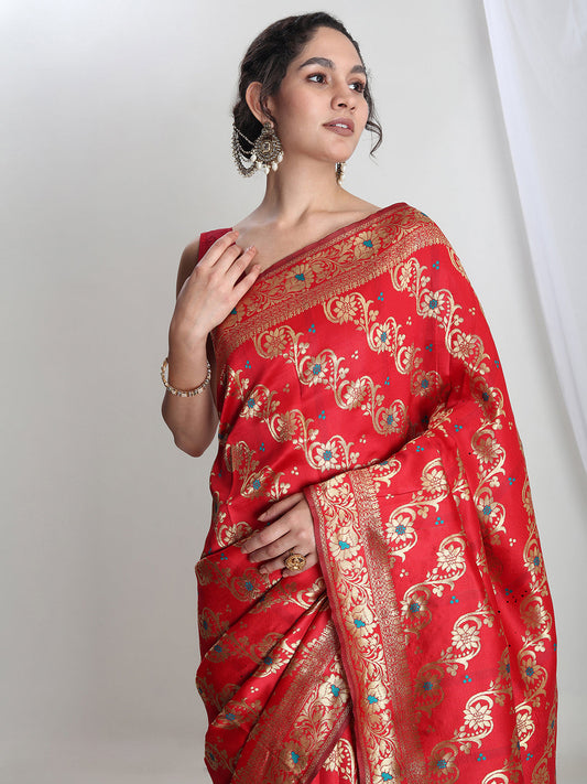 Janasya Red Silk Blend Floral Jacquard Grab2Buy 