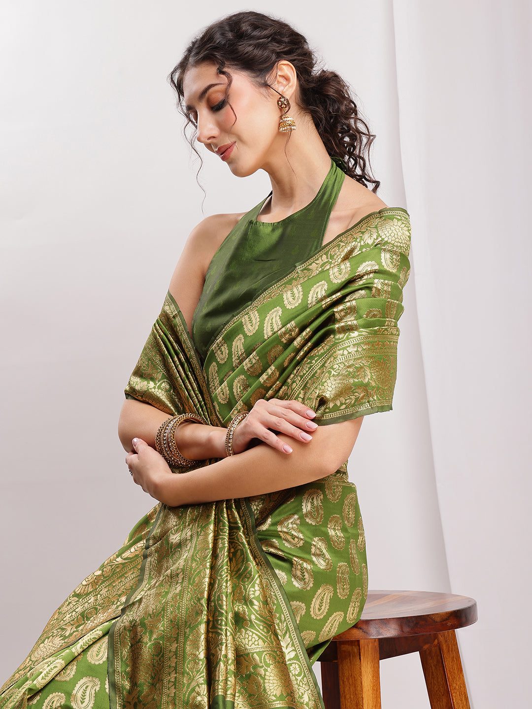Janasya Green Silk Blend Paisley Jacquard Grab2Buy 