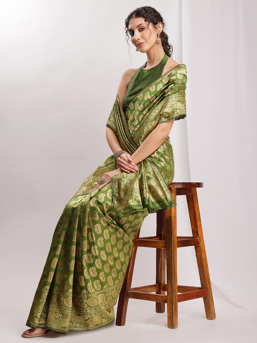 Janasya Green Silk Blend Paisley Jacquard Grab2Buy 