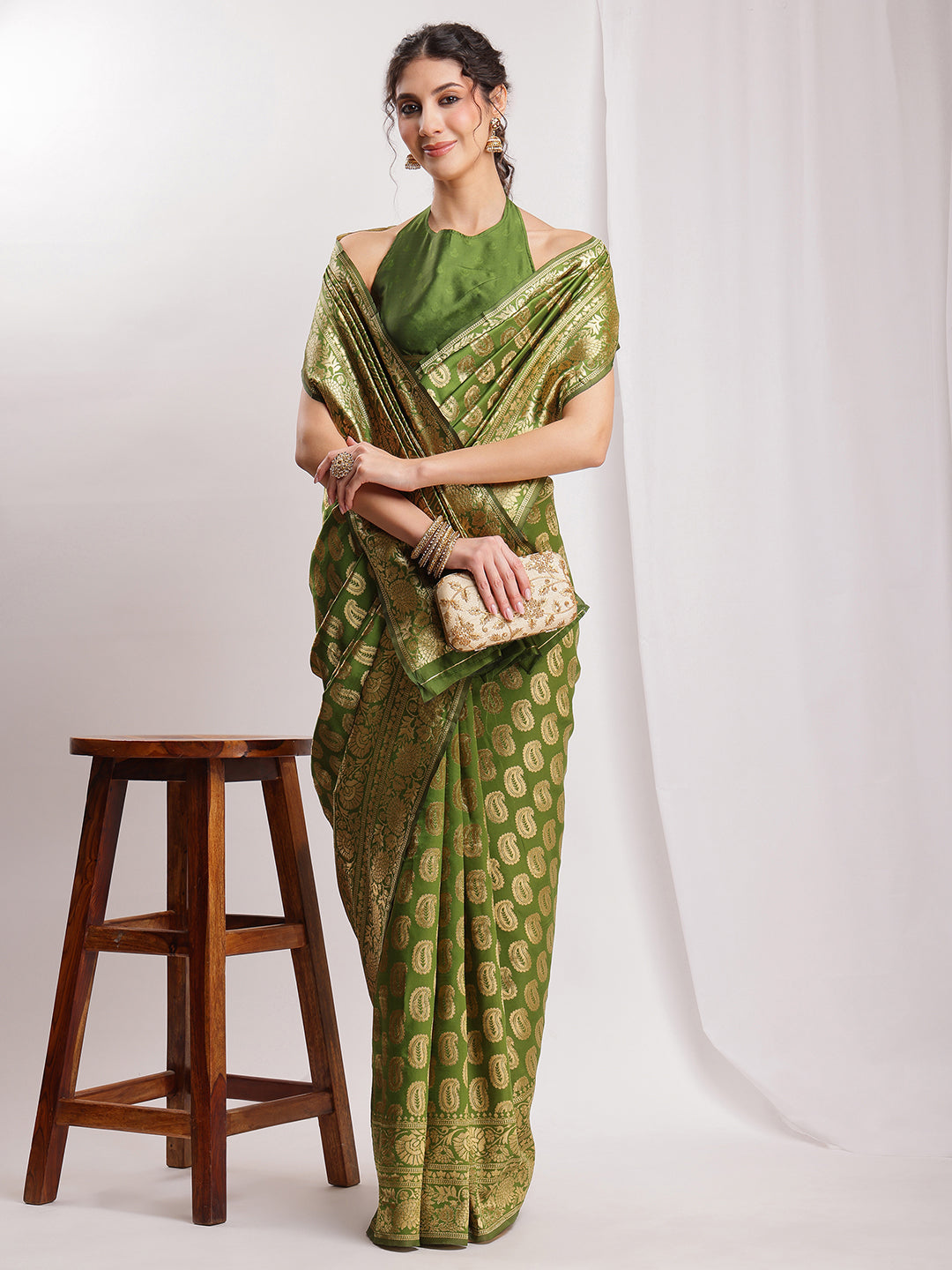 Janasya Green Silk Blend Paisley Jacquard Grab2Buy 