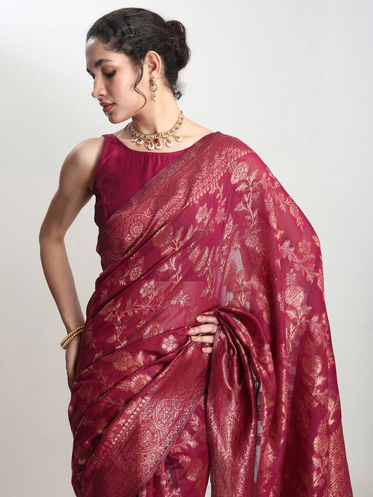 Janasya Magenta Silk Blend Floral Jacquard Grab2Buy 