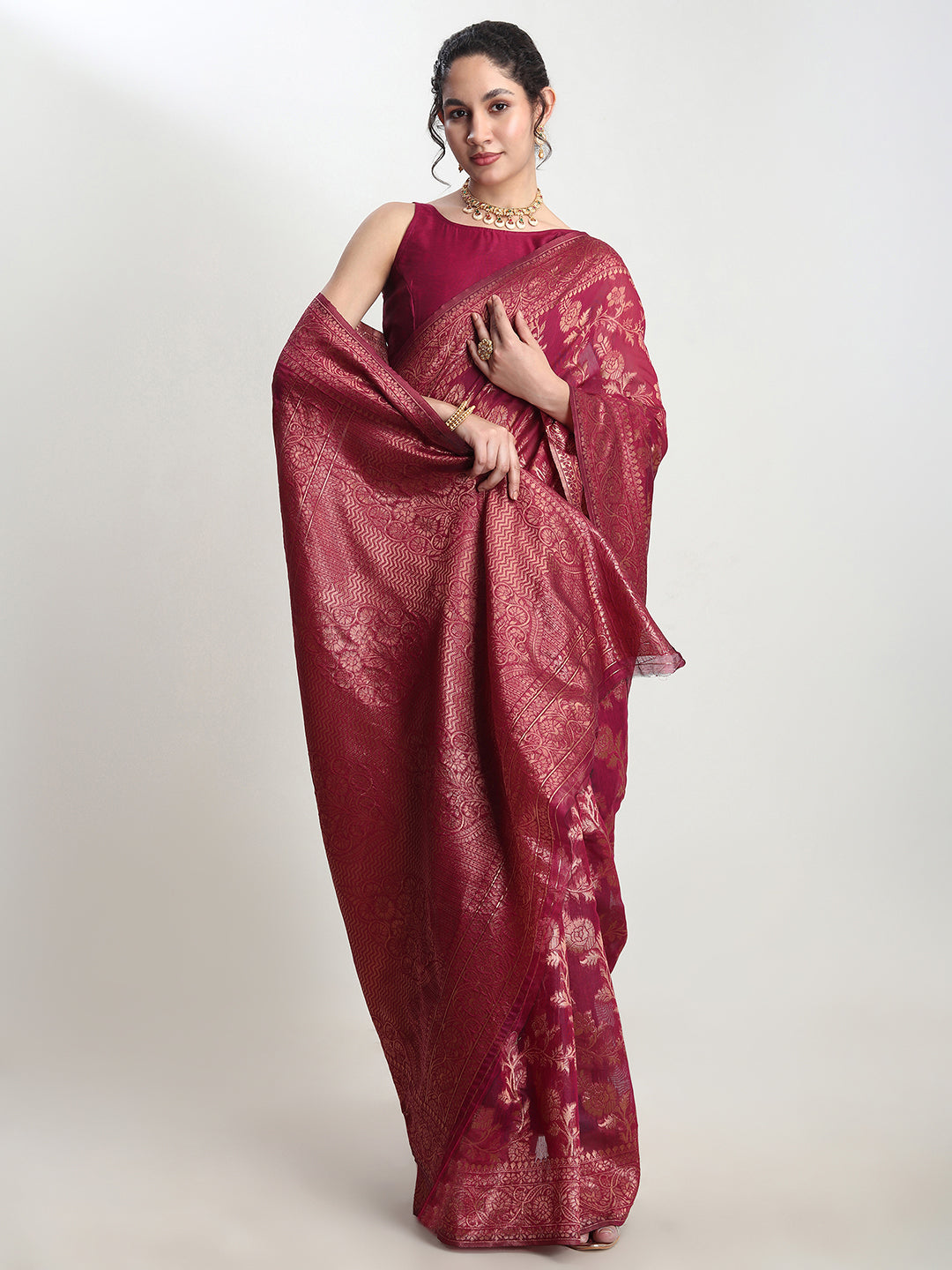 Janasya Magenta Silk Blend Floral Jacquard Grab2Buy 