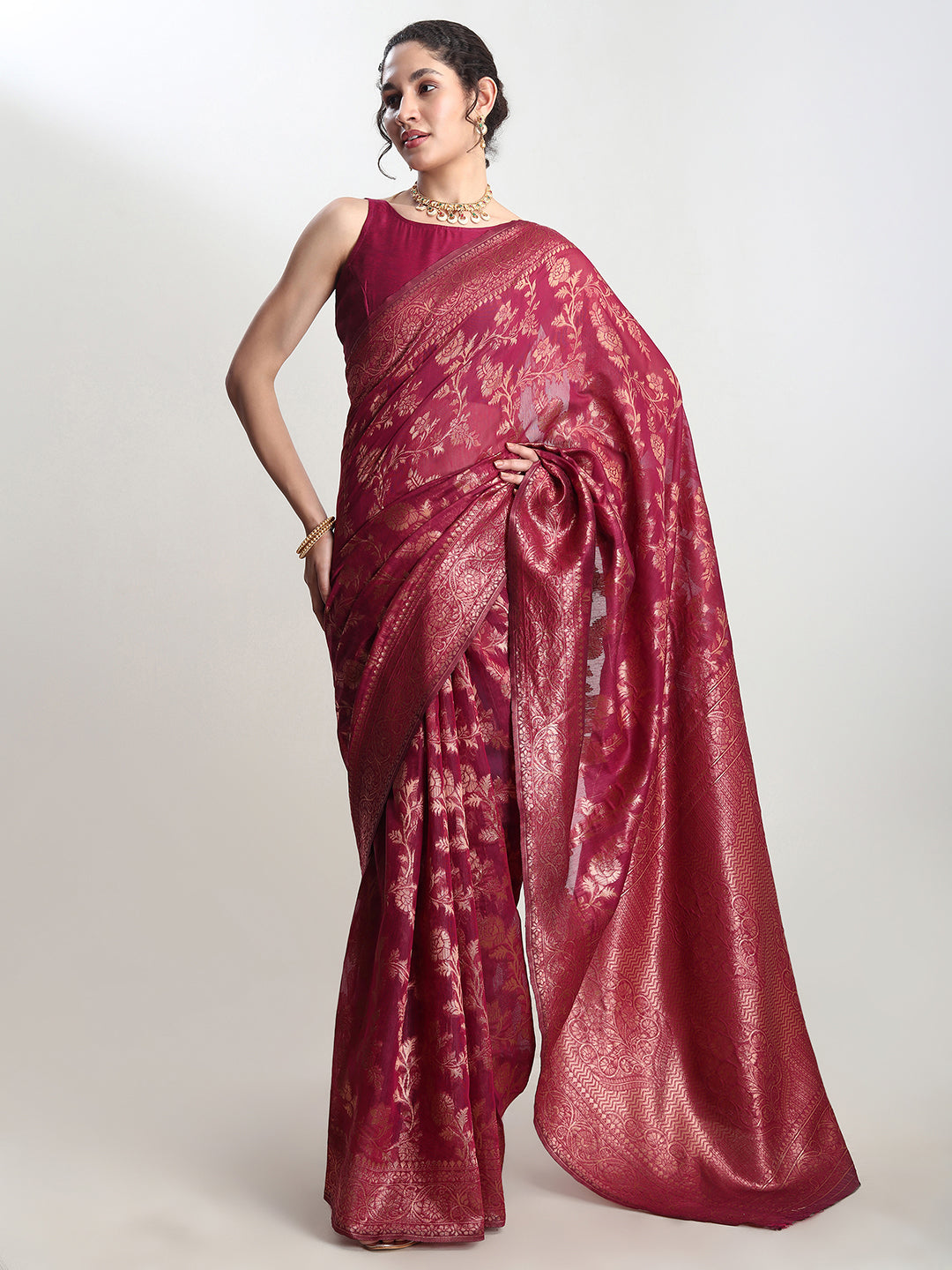 Janasya Magenta Silk Blend Floral Jacquard Grab2Buy 