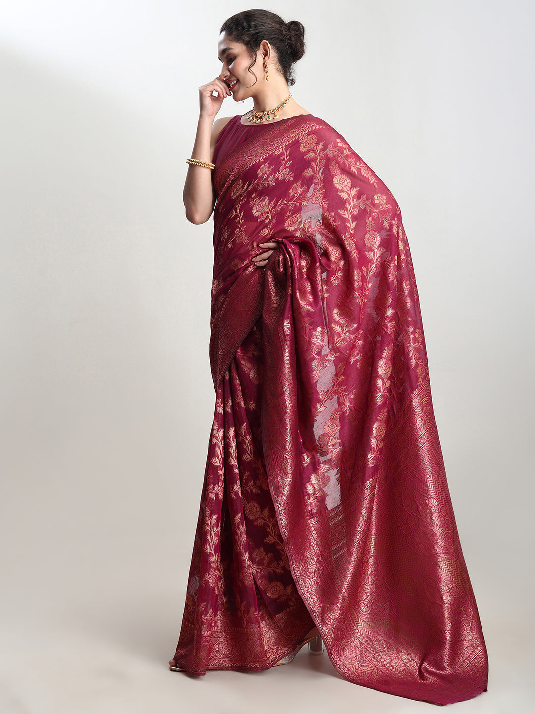 Janasya Magenta Silk Blend Floral Jacquard Grab2Buy 