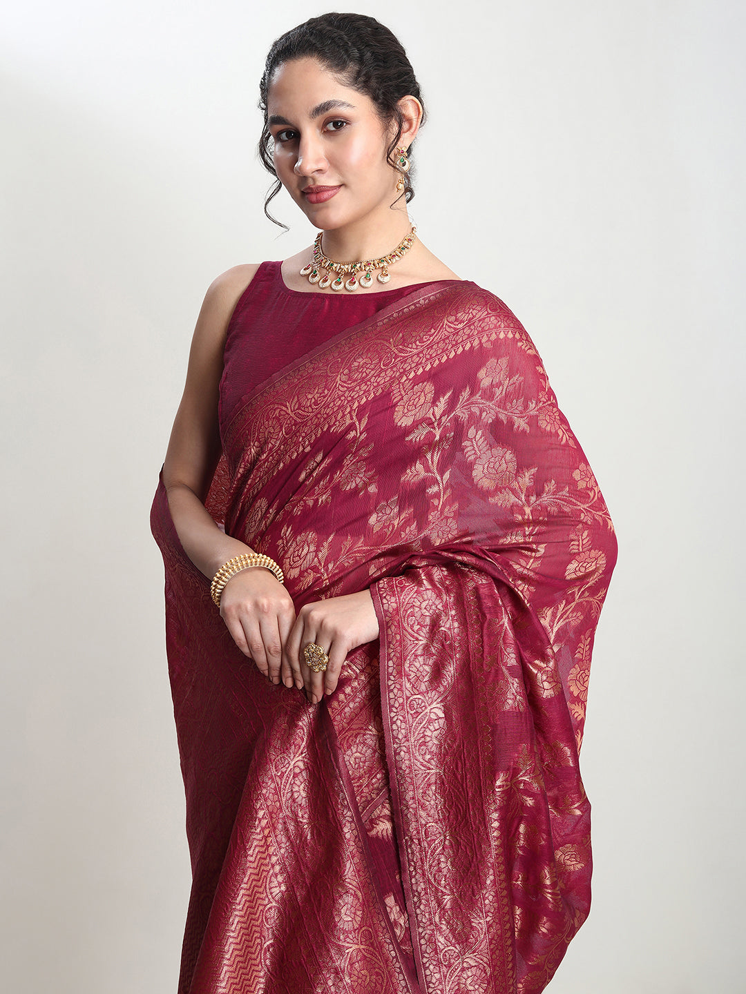 Janasya Magenta Silk Blend Floral Jacquard Grab2Buy 