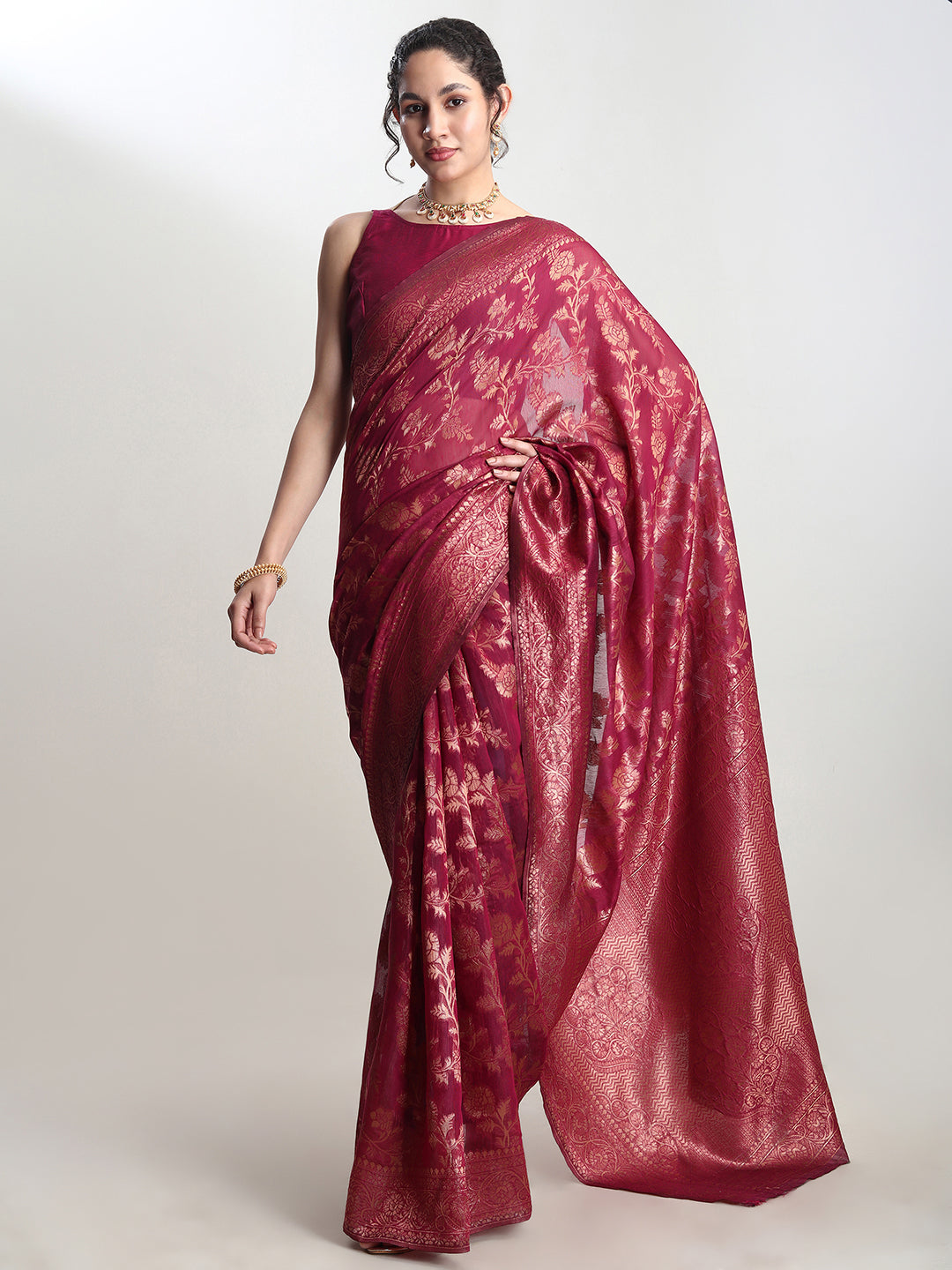 Janasya Magenta Silk Blend Floral Jacquard Grab2Buy 