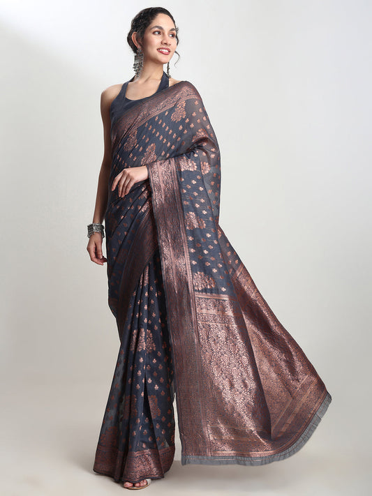 Janasya Grey Silk Blend Floral Jacquard Grab2Buy