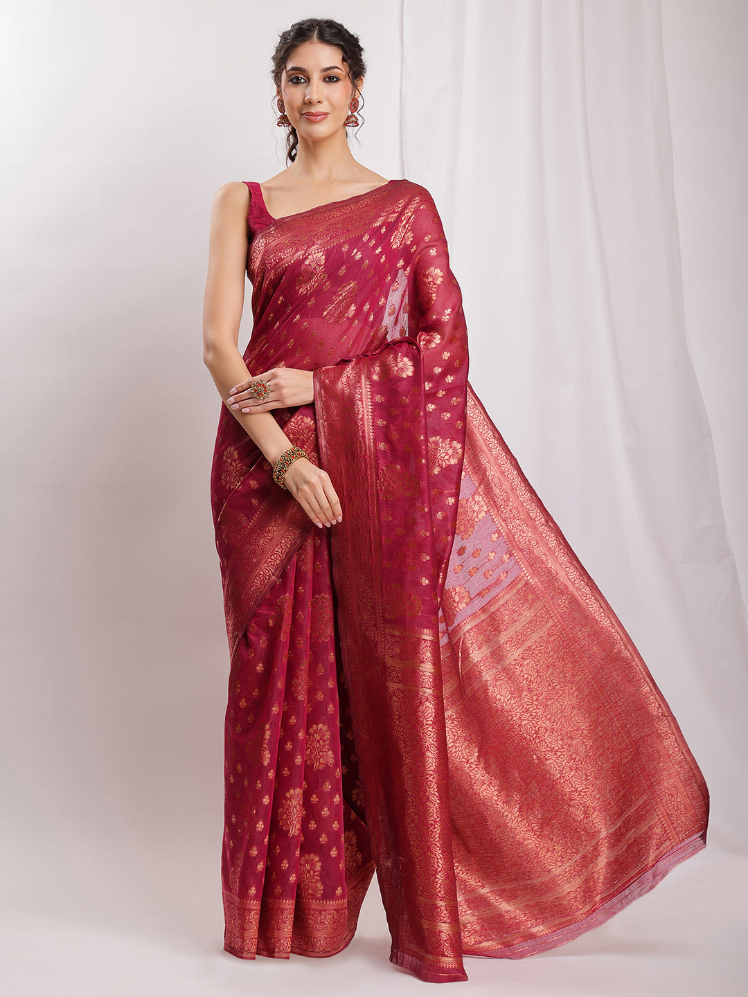 Janasya Fuchsia Silk Blend Floral Jacquard Grab2Buy 
