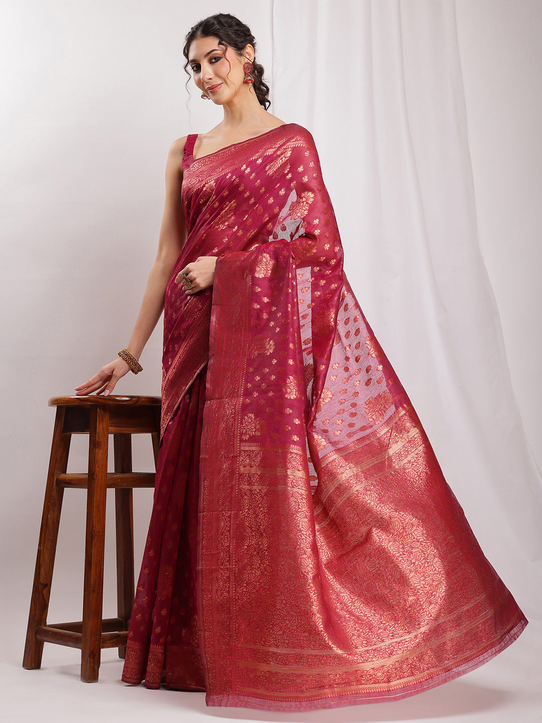 Janasya Fuchsia Silk Blend Floral Jacquard Grab2Buy 