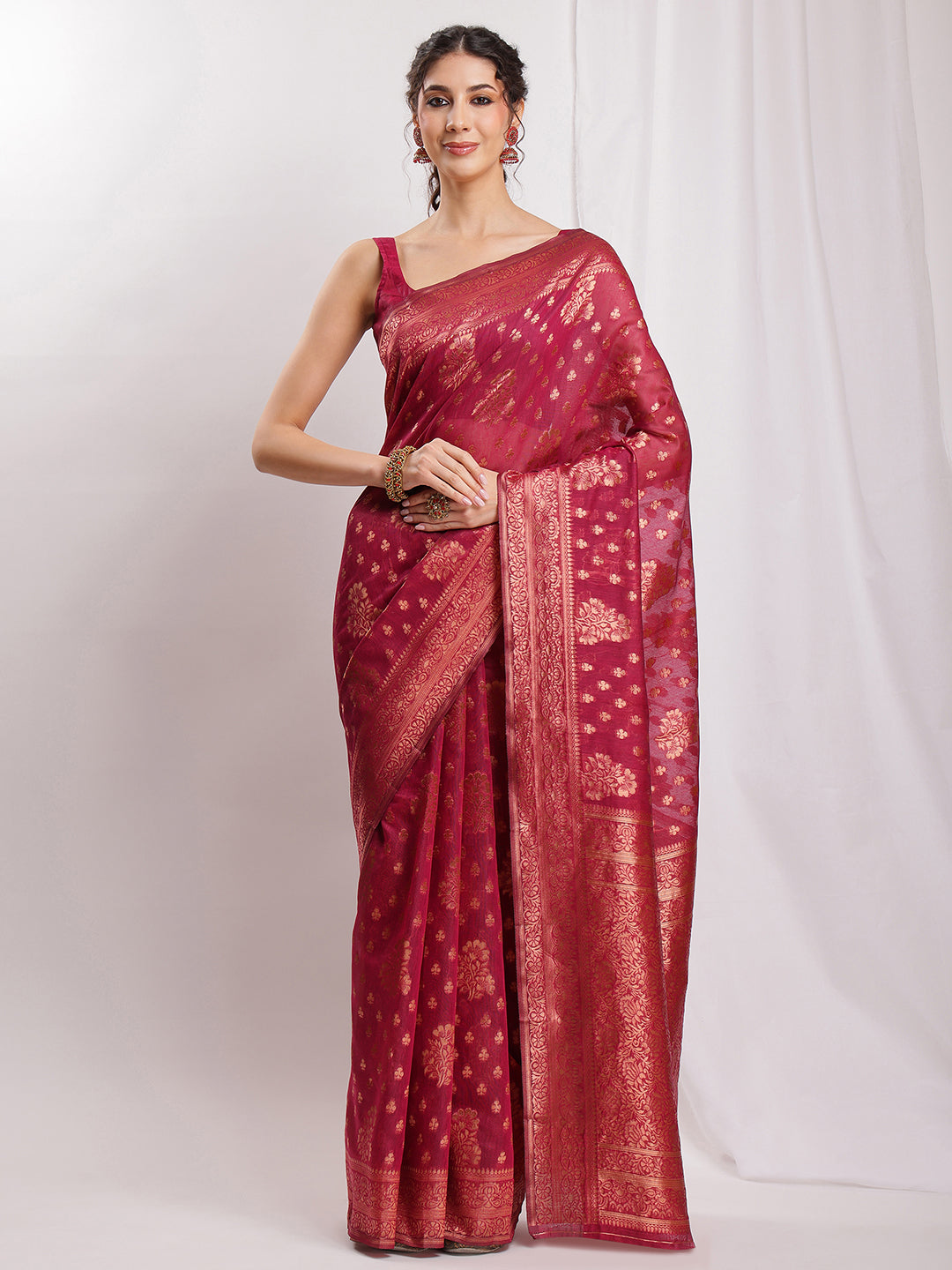 Janasya Fuchsia Silk Blend Floral Jacquard Grab2Buy 